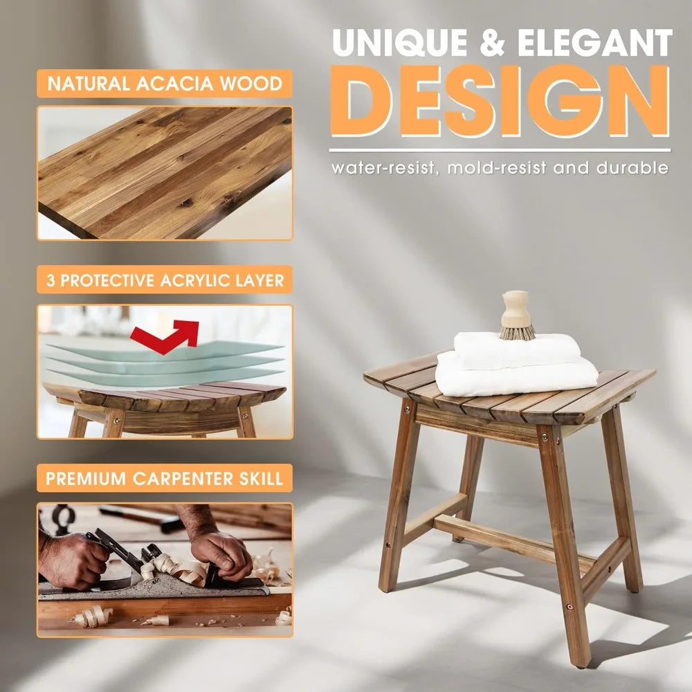 Acacia Wood Shower Bench – 18" Waterproof Spa Seat with Zen Design for Bath or Shaving