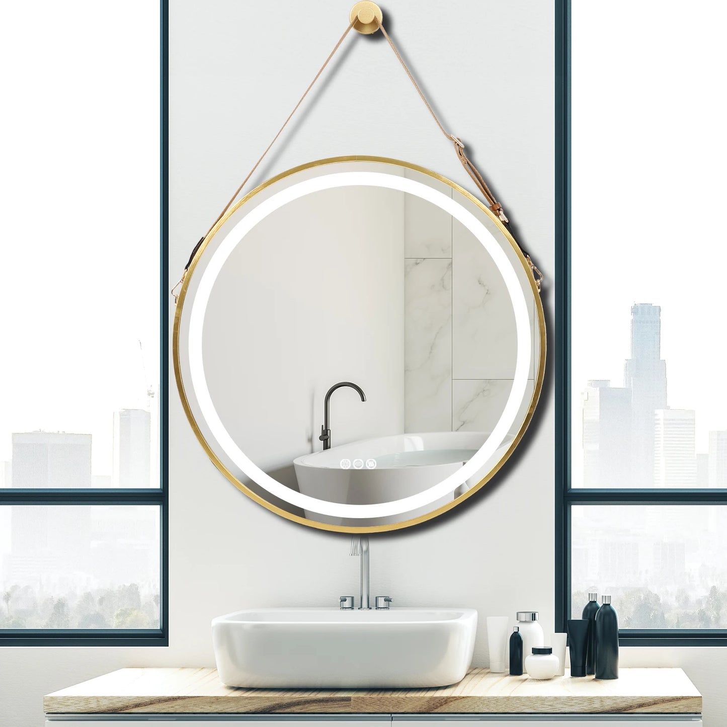 Wisfor Round LED Bathroom Mirror – Dimmable Anti-Fog Vanity Mirror with Touch Control & Hanging Rope