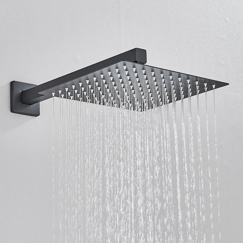 Black Concealed Rainfall Shower System – Wall-Mounted Waterfall Mixer Set with Tub Spout