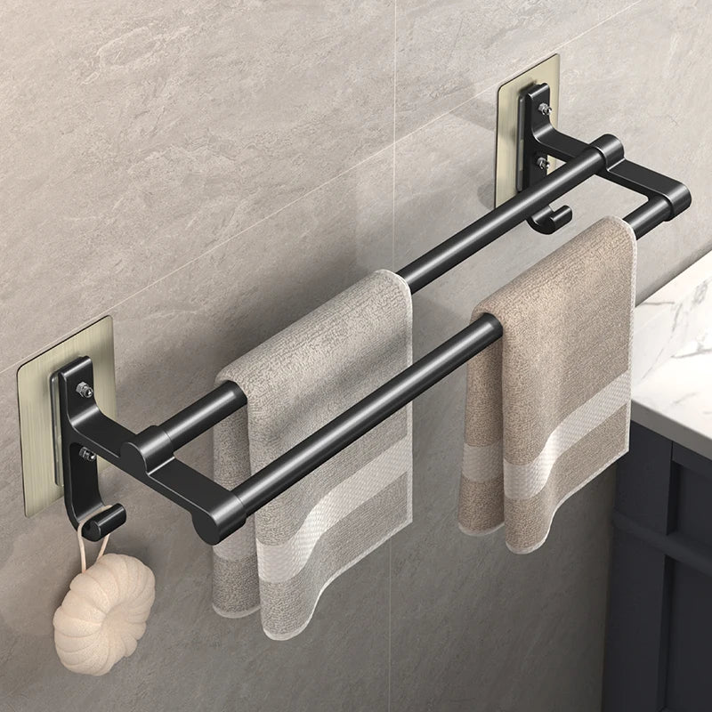 Double-Layer No-Drill Towel Rack – Self-Adhesive Aluminum Holder with Two Bars & Hooks
