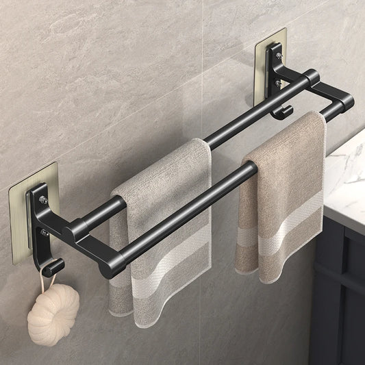 Double-Layer No-Drill Towel Rack – Self-Adhesive Aluminum Holder with Two Bars & Hooks