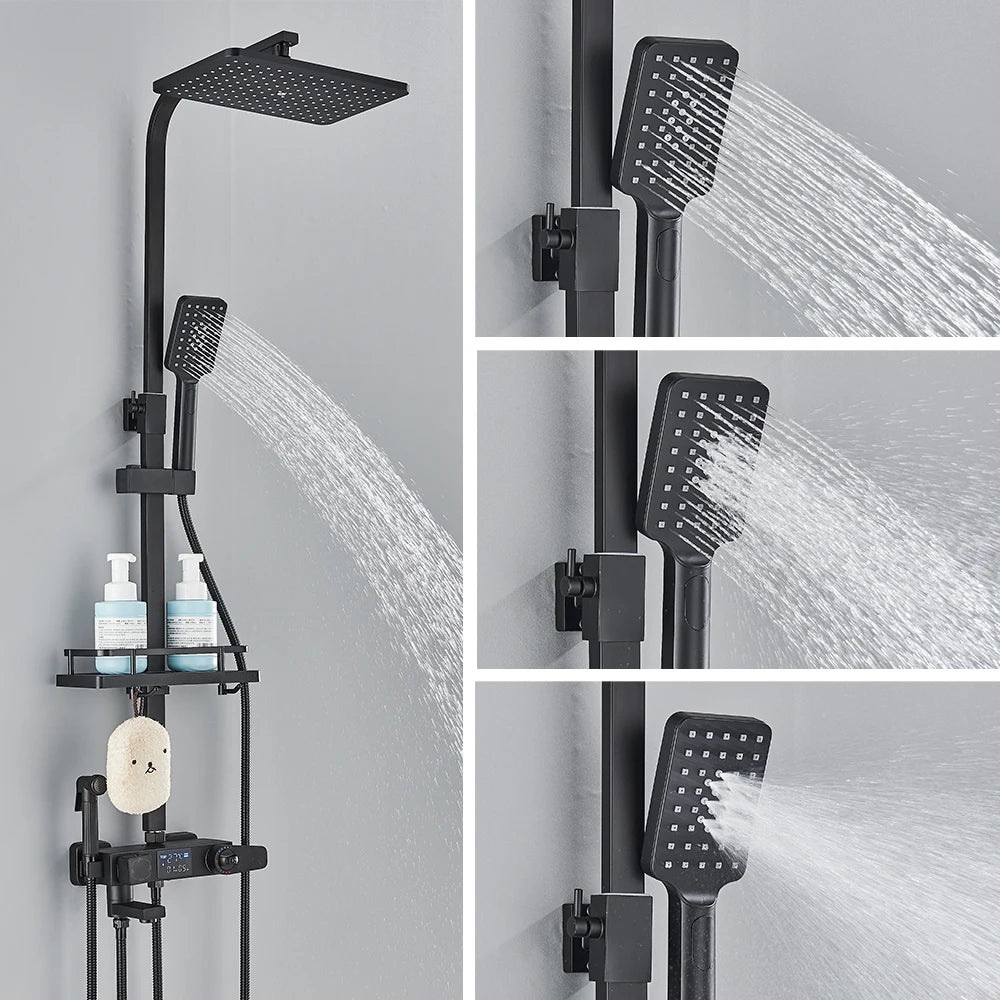Black Digital Display Thermostatic Shower Faucet – 4-Way Rainfall Mixer Tap with Shelf & Bidet Faucets