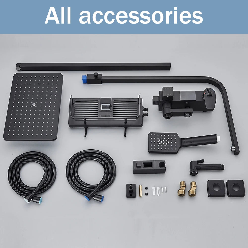 Black Digital Display Thermostatic Shower Faucet – 4-Way Rainfall Mixer Tap with Shelf & Bidet Faucets