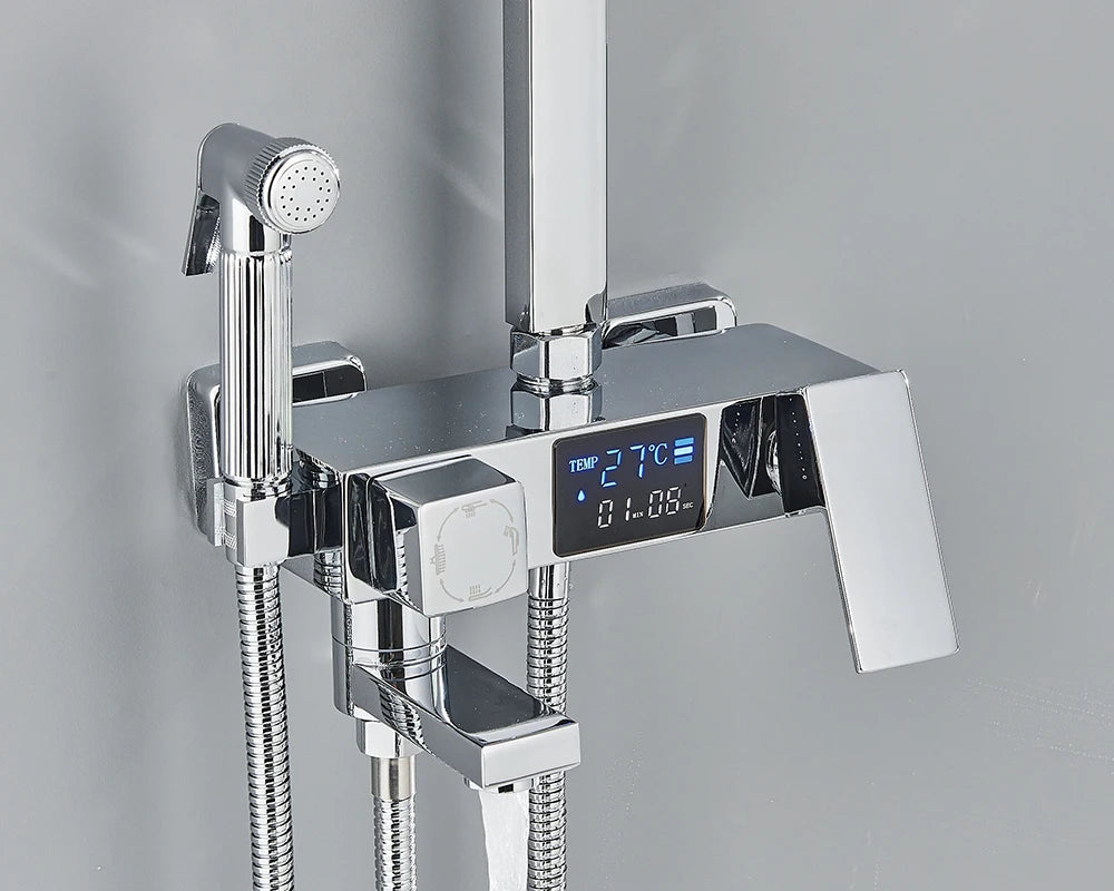 Black Digital Display Thermostatic Shower Faucet – 4-Way Rainfall Mixer Tap with Shelf & Bidet Faucets