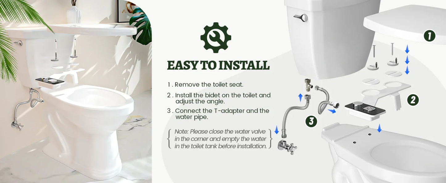 Ultra-Thin Non-Electric Bidet Attachment | Dual Nozzles, Front & Rear Wash