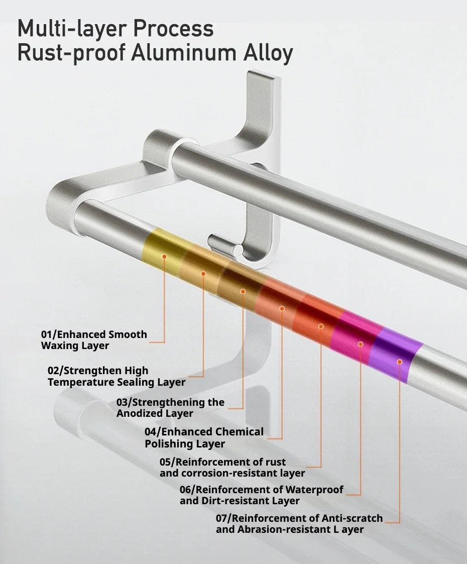 Double-Layer No-Drill Towel Rack – Self-Adhesive Aluminum Holder with Two Bars & Hooks