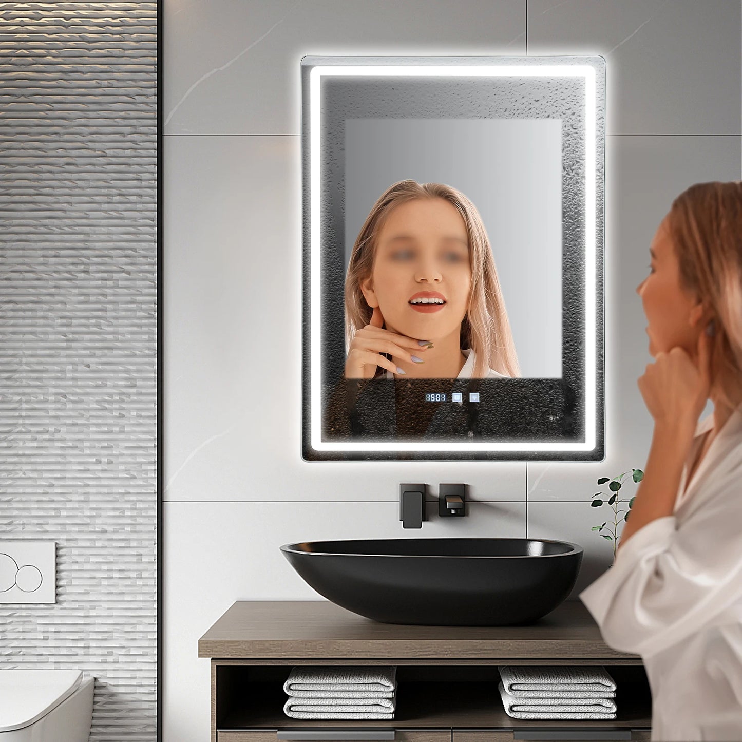 Smart LED Bathroom Mirror – Dimmable Light, Anti-Fog, Time & Temperature Display