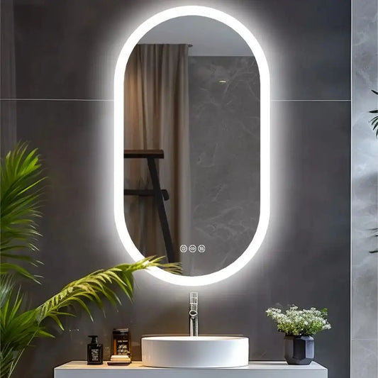Oval LED Bathroom Mirror – Dimmable 3-Color Light, Smart Anti-Fog Wall-Mounted Vanity Mirror