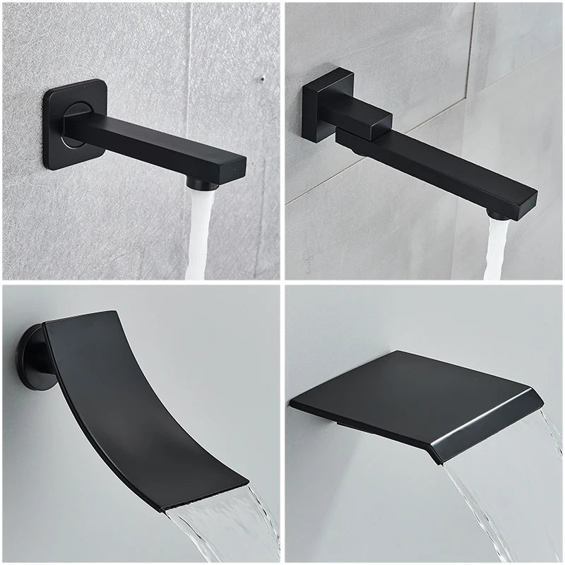 Black Concealed Rainfall Shower System – Wall-Mounted Waterfall Mixer Set with Tub Spout