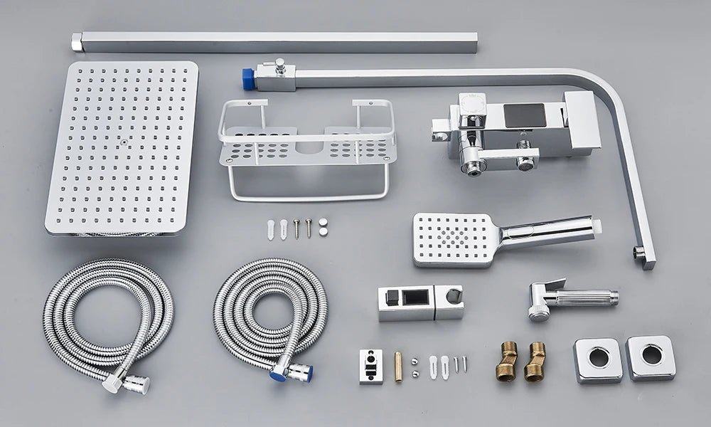 Black Digital Display Thermostatic Shower Faucet – 4-Way Rainfall Mixer Tap with Shelf & Bidet Faucets