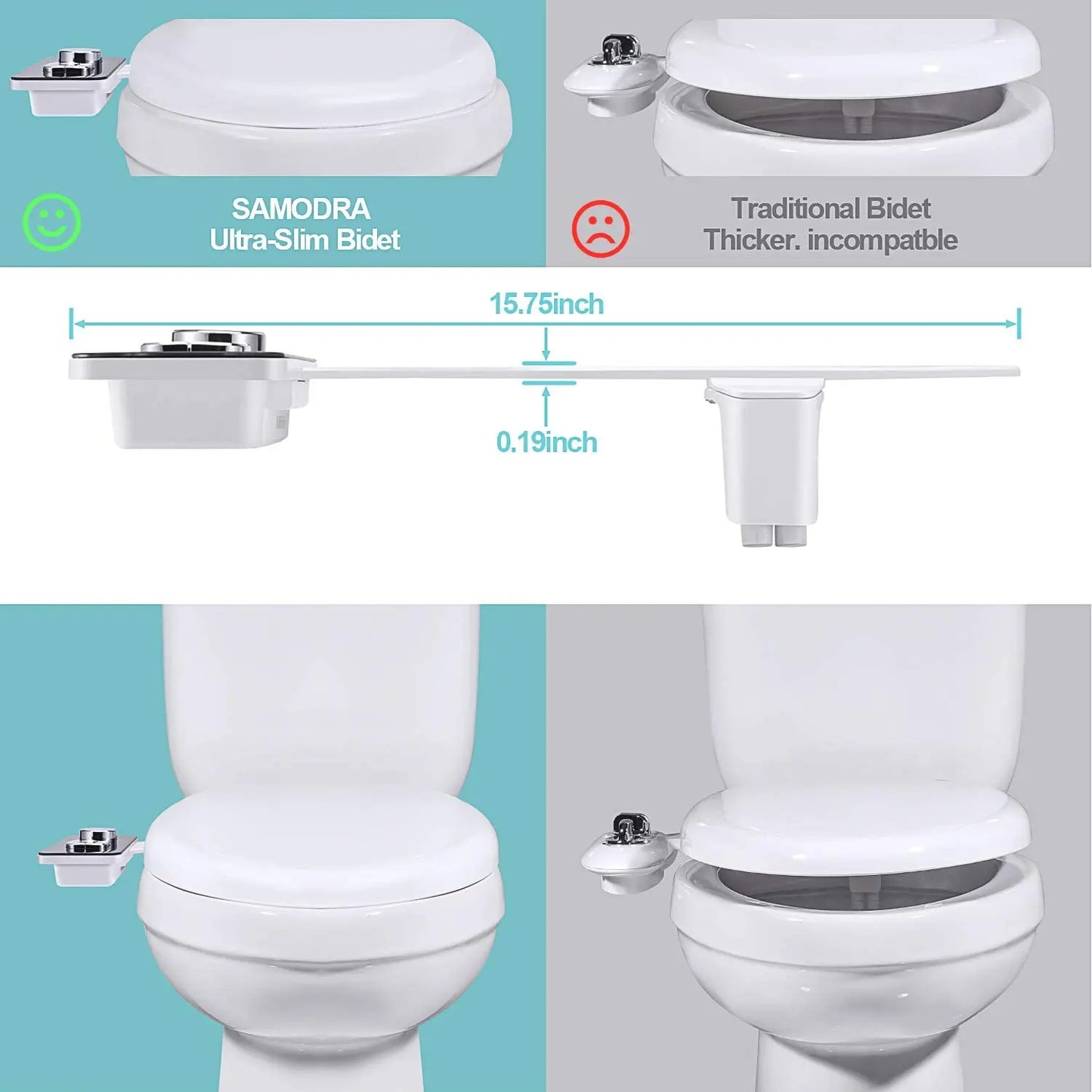 Ultra-Thin Non-Electric Bidet Attachment | Dual Nozzles, Front & Rear Wash
