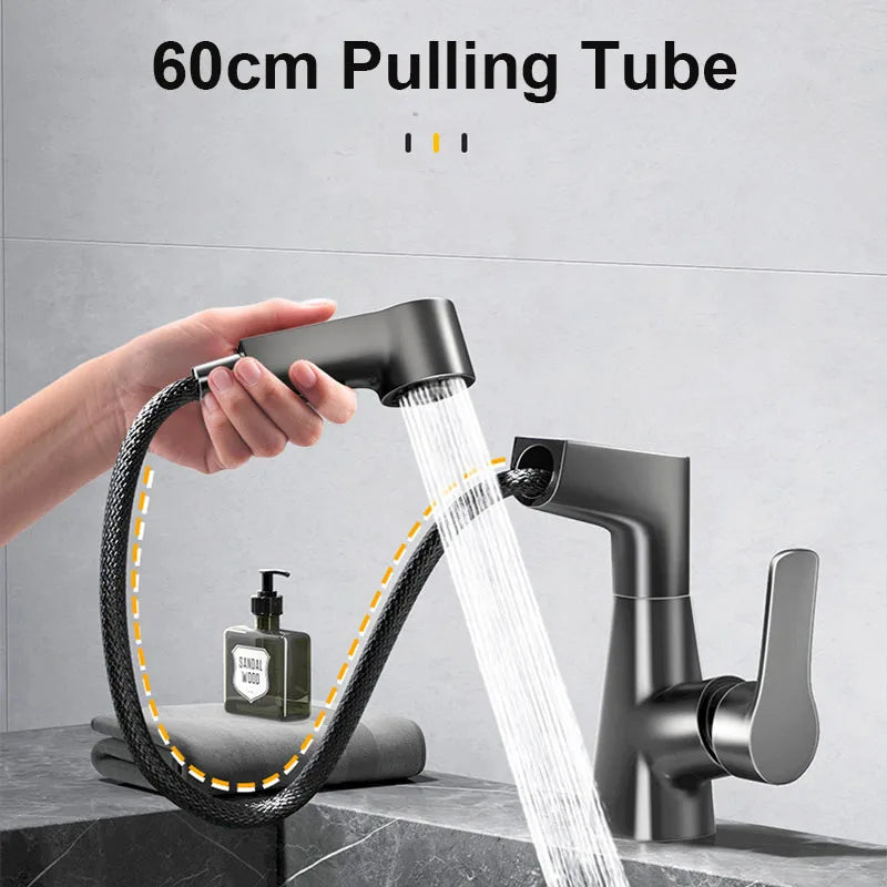 Dual-Function Pull-Down Bathroom Faucet – Adjustable Height, 360° Rotation, Anti-Leak Brass Core (Black / Silver / White)