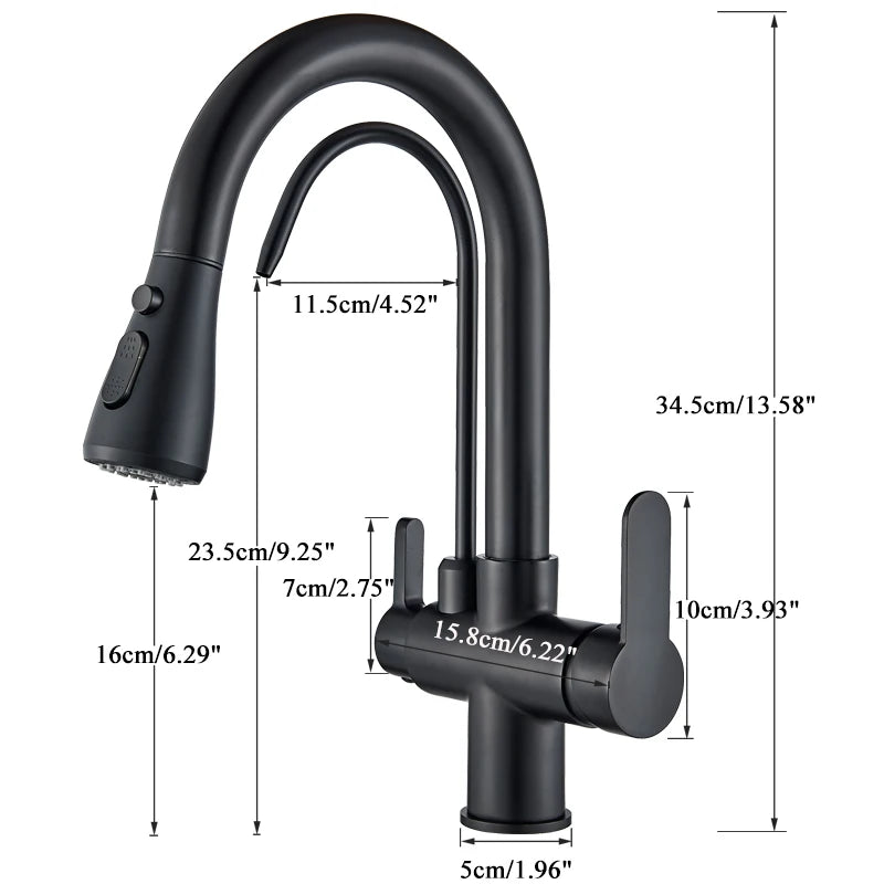 Black 360° Rotating Kitchen Faucet | 3-Way Filter Mixer with Pull-Out Sprayer