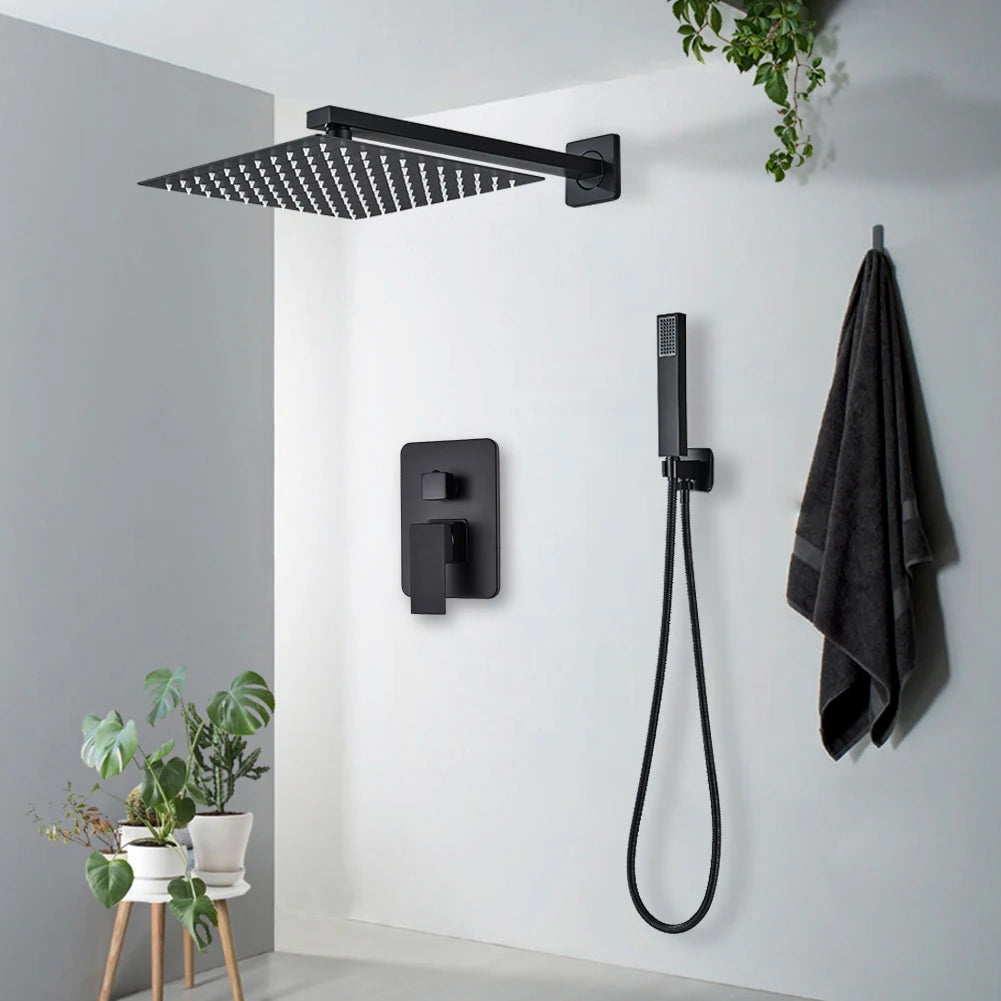 Black Wall Mounted Rainfall Shower System with Concealed Box & Hot/Cold Mixer – SUS304
