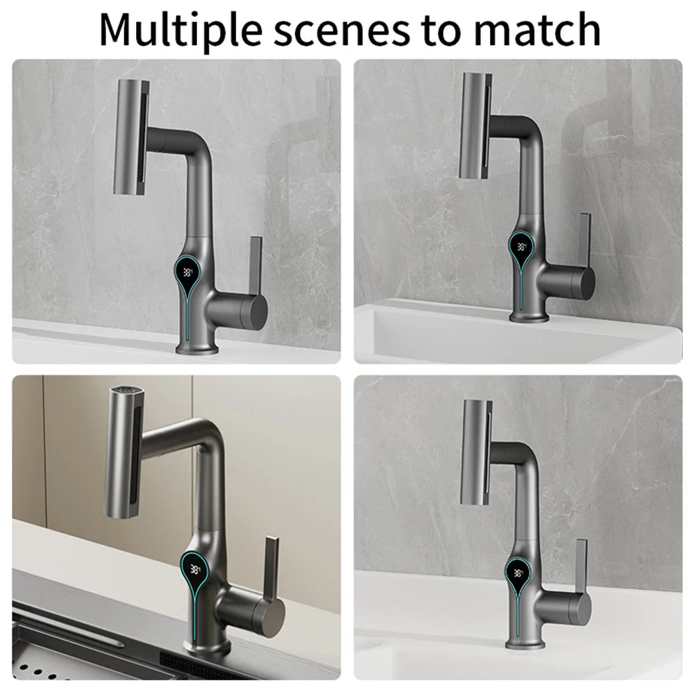 Waterfall Bathroom Faucet with Digital Temperature Display – Hot & Cold Lift-Up Basin Mixer Tap with Stream Sprayer