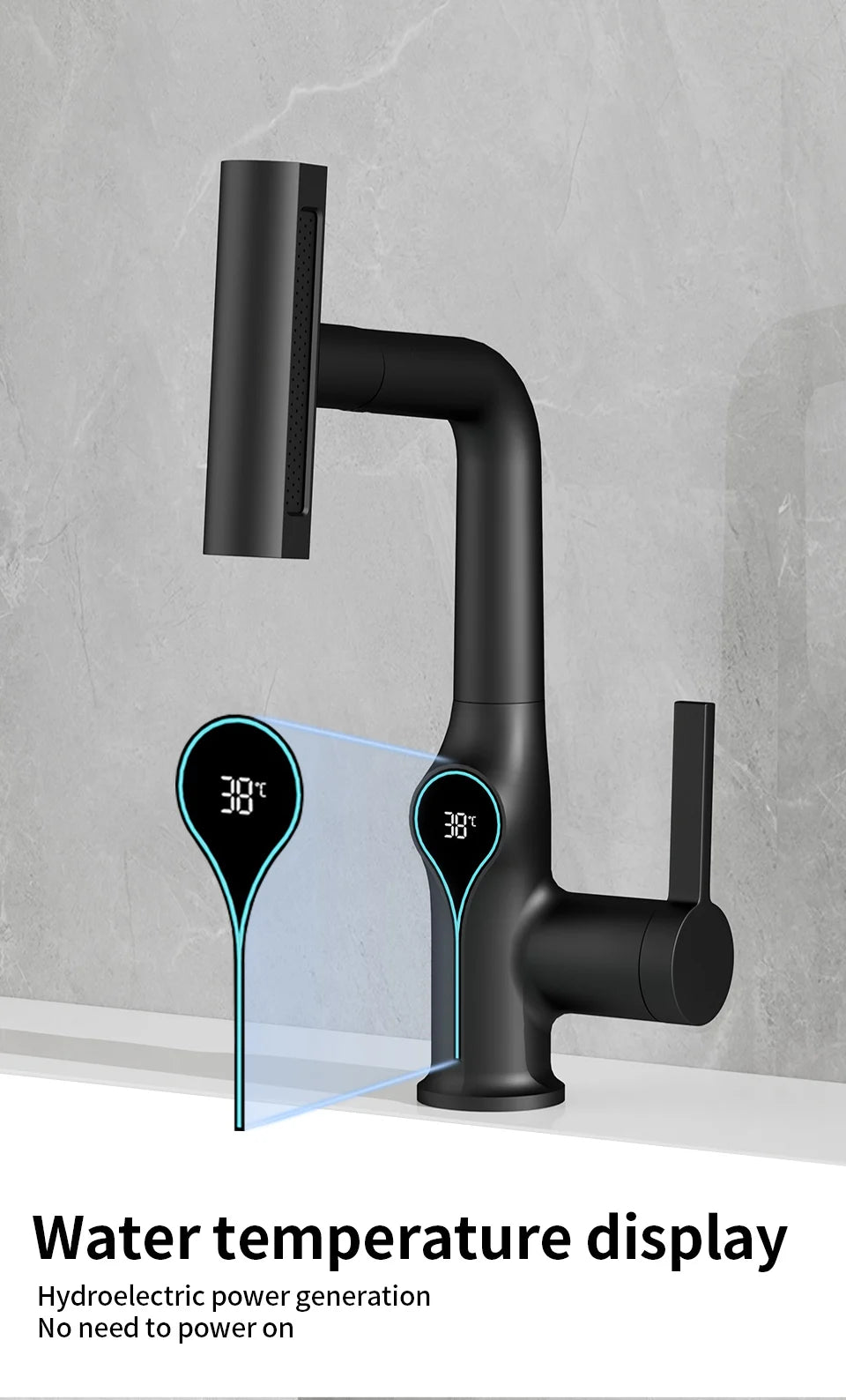 Waterfall Bathroom Faucet with Digital Temperature Display – Hot & Cold Lift-Up Basin Mixer Tap with Stream Sprayer