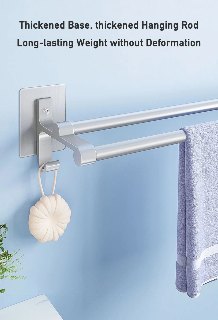 Double-Layer No-Drill Towel Rack – Self-Adhesive Aluminum Holder with Two Bars & Hooks