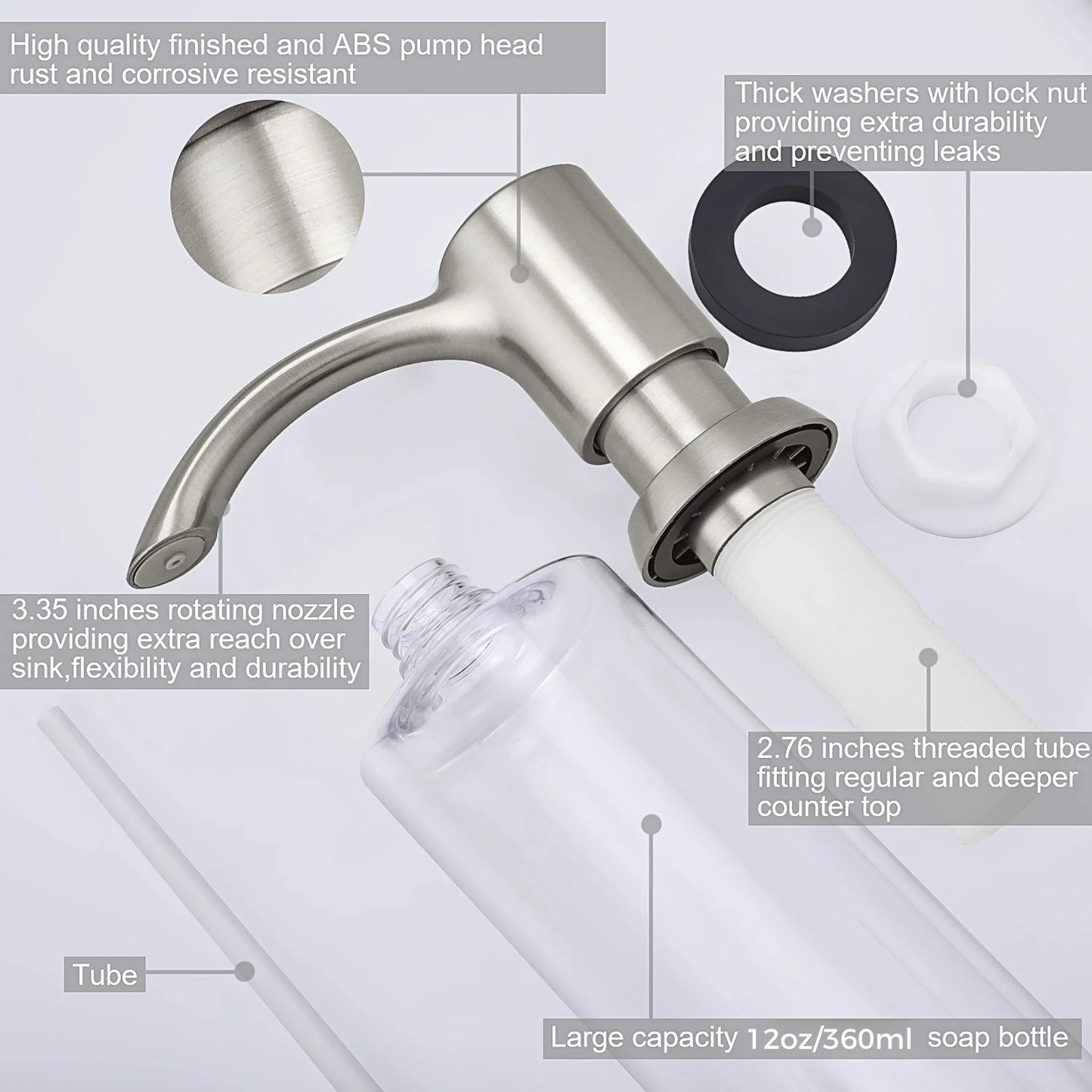 Samodra Nickel & Black Soap Dispenser – Built-In 360 ml Countertop Pump for Kitchen & Bathroom