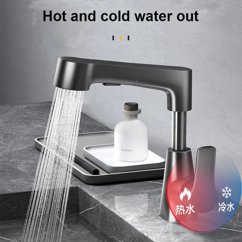 Dual-Function Pull-Down Bathroom Faucet – Adjustable Height, 360° Rotation, Anti-Leak Brass Core (Black / Silver / White)