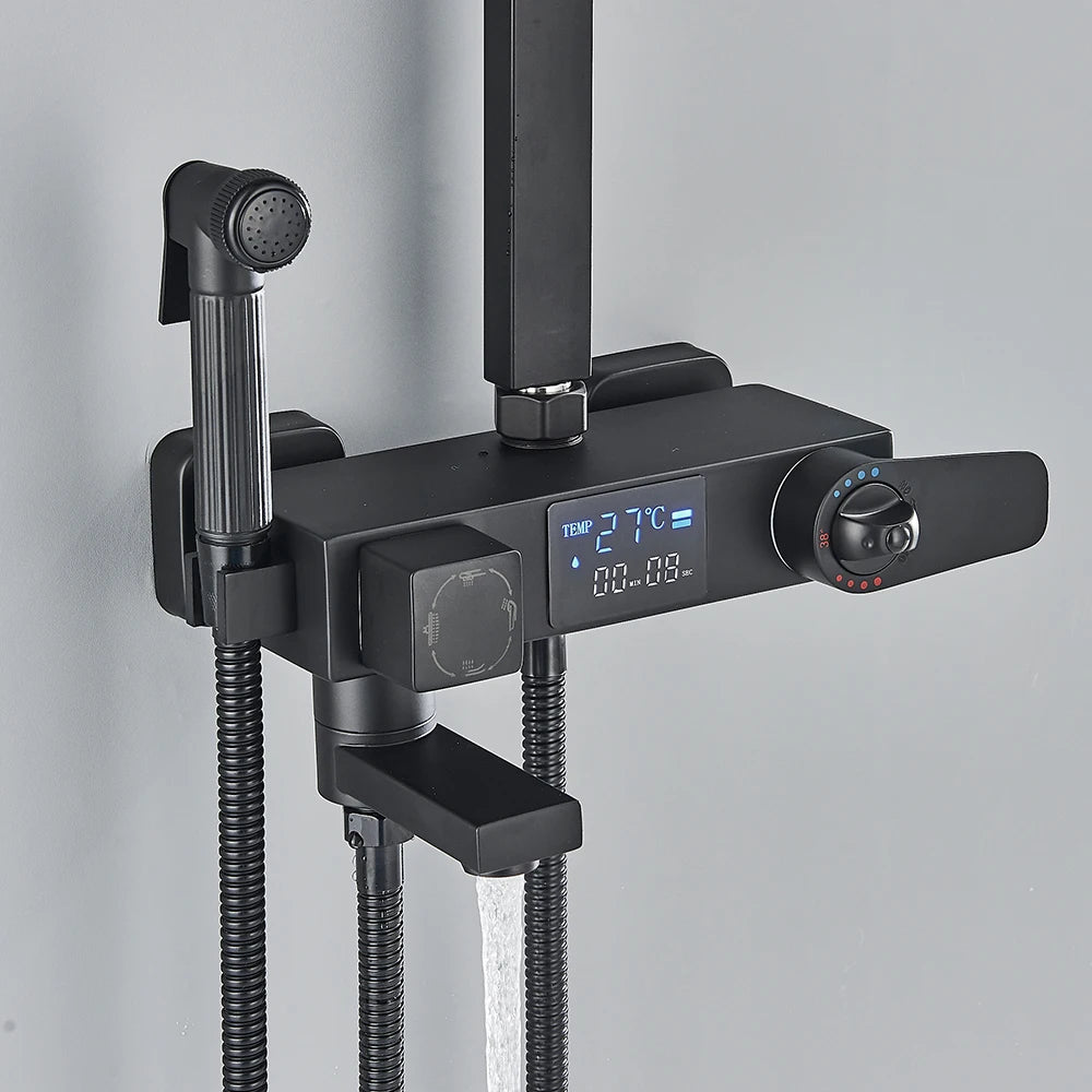 Black Digital Display Thermostatic Shower Faucet – 4-Way Rainfall Mixer Tap with Shelf & Bidet Faucets