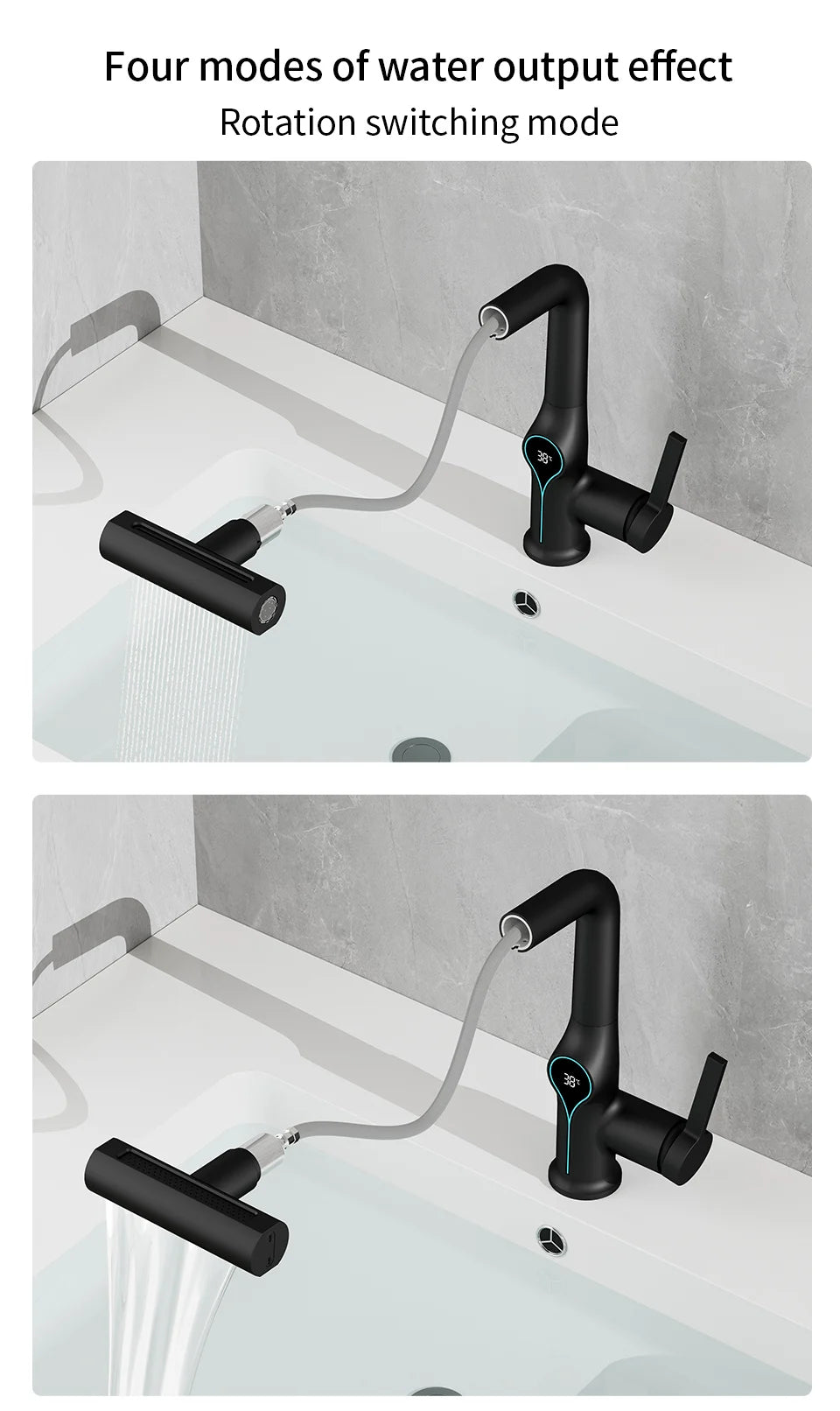Waterfall Bathroom Faucet with Digital Temperature Display – Hot & Cold Lift-Up Basin Mixer Tap with Stream Sprayer