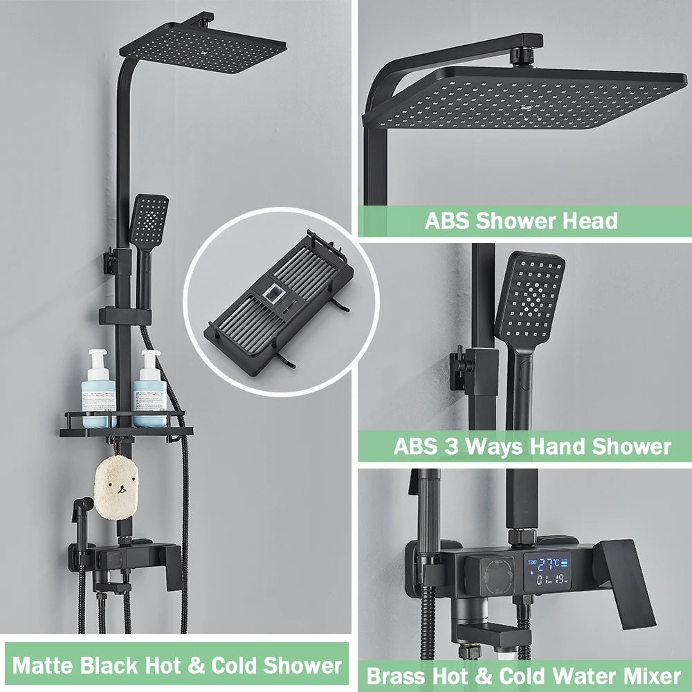 Black Digital Display Thermostatic Shower Faucet – 4-Way Rainfall Mixer Tap with Shelf & Bidet Faucets