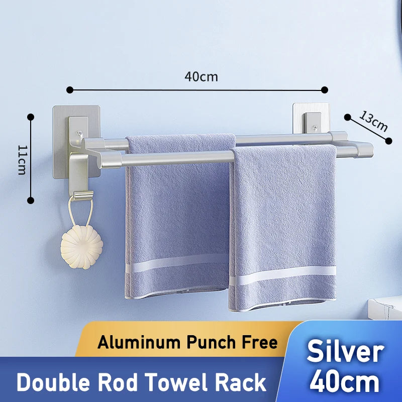 Double-Layer No-Drill Towel Rack – Self-Adhesive Aluminum Holder with Two Bars & Hooks