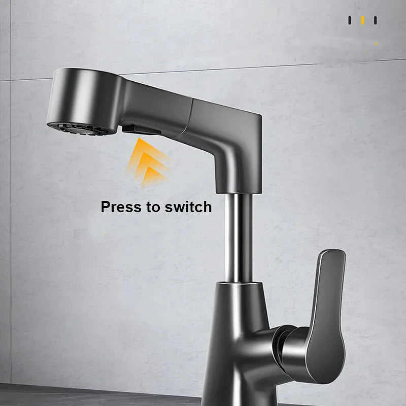 Dual-Function Pull-Down Bathroom Faucet – Adjustable Height, 360° Rotation, Anti-Leak Brass Core (Black / Silver / White)