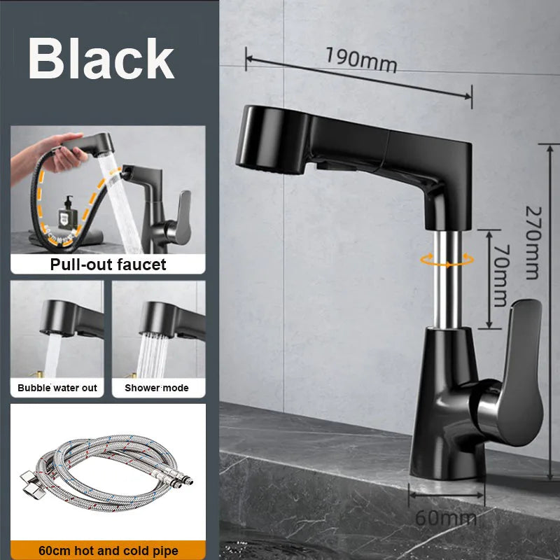 Dual-Function Pull-Down Bathroom Faucet – Adjustable Height, 360° Rotation, Anti-Leak Brass Core (Black / Silver / White)