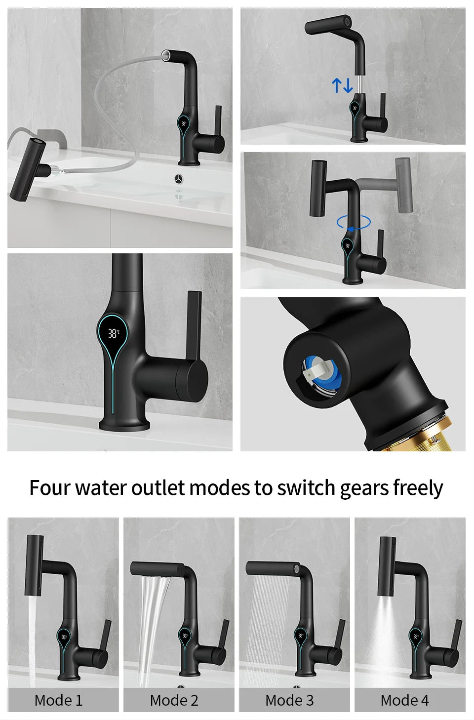 Waterfall Bathroom Faucet with Digital Temperature Display – Hot & Cold Lift-Up Basin Mixer Tap with Stream Sprayer