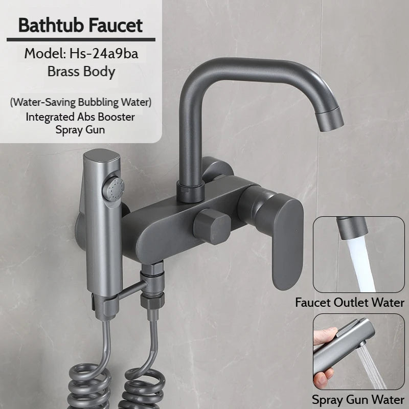 Wall-Mounted Brass Bathtub Faucet with Long Spout and Spray Gun – Hot & Cold Mixer Tap