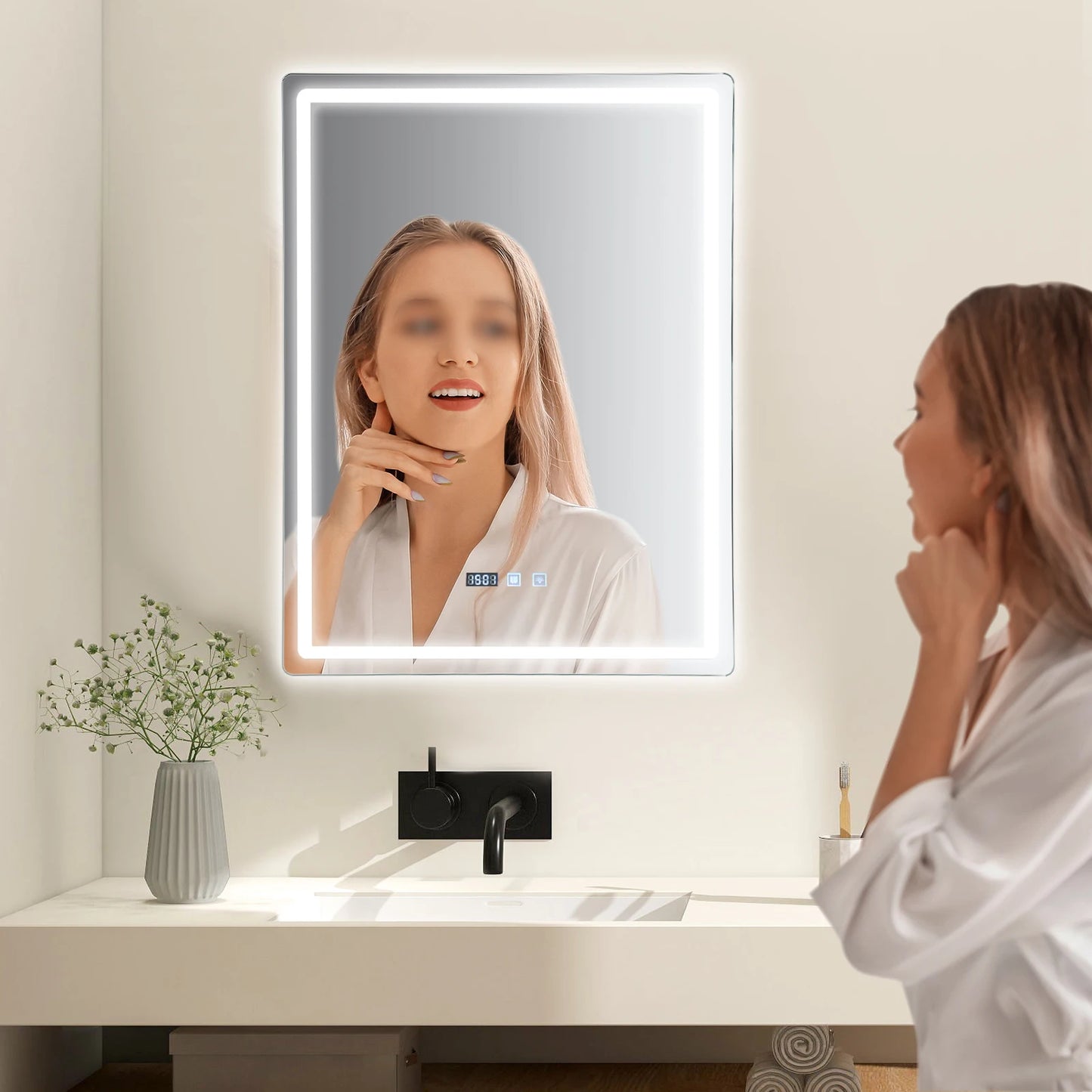 Smart LED Bathroom Mirror – Dimmable Light, Anti-Fog, Time & Temperature Display