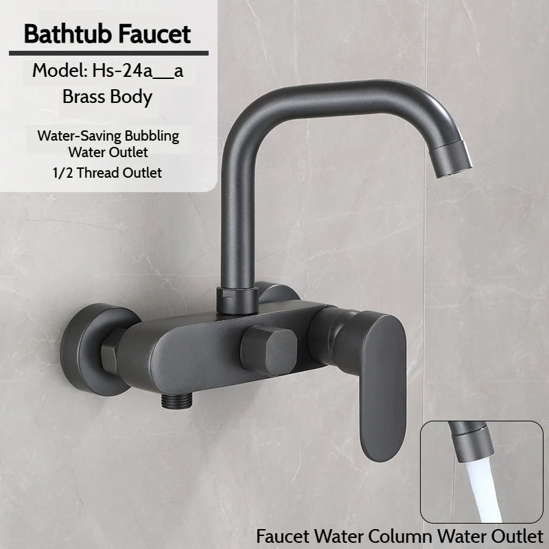 Wall-Mounted Brass Bathtub Faucet with Long Spout and Spray Gun – Hot & Cold Mixer Tap