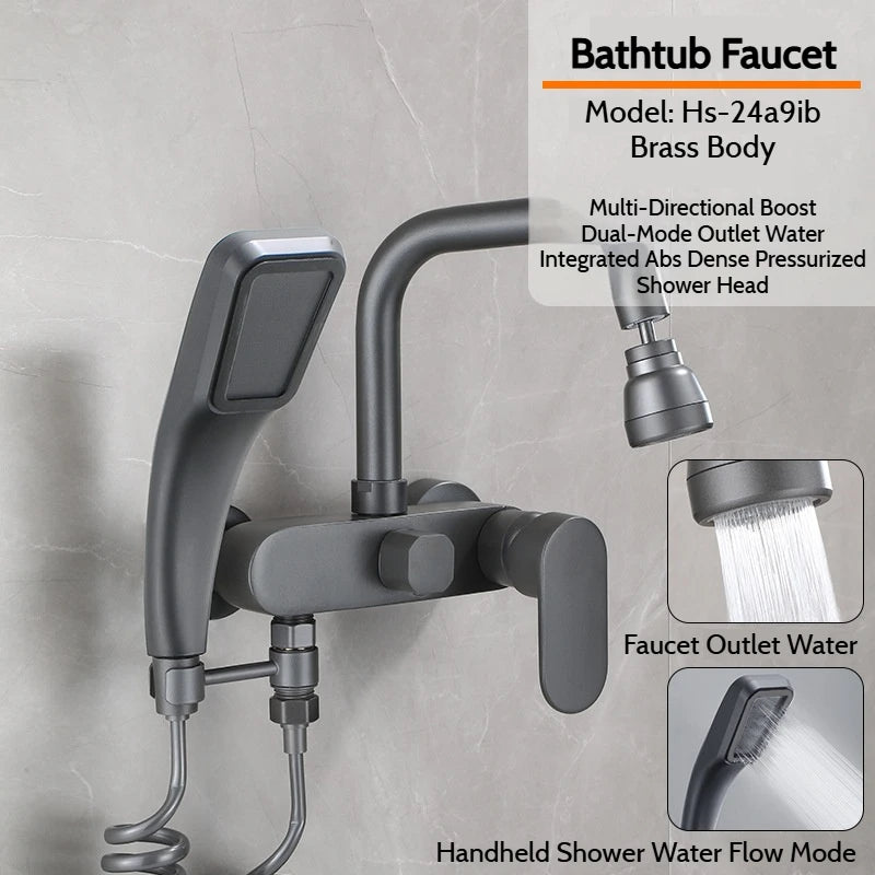 Wall-Mounted Brass Bathtub Faucet with Long Spout and Spray Gun – Hot & Cold Mixer Tap