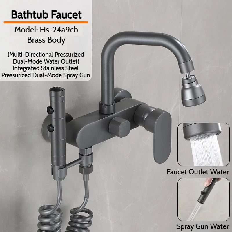 Wall-Mounted Brass Bathtub Faucet with Long Spout and Spray Gun – Hot & Cold Mixer Tap