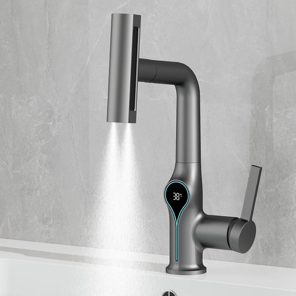 Waterfall Bathroom Faucet with Digital Temperature Display – Hot & Cold Lift-Up Basin Mixer Tap with Stream Sprayer