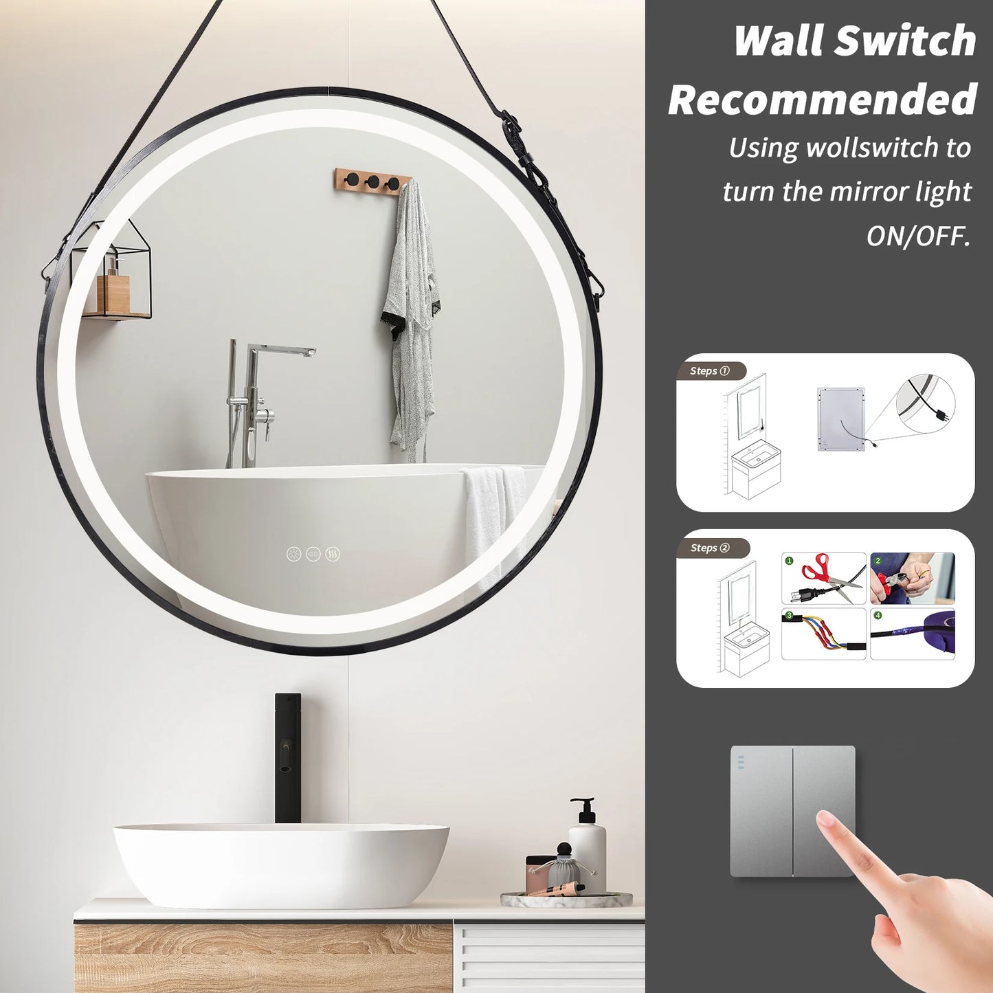 Wisfor Round LED Bathroom Mirror – Dimmable Anti-Fog Vanity Mirror with Touch Control & Hanging Rope