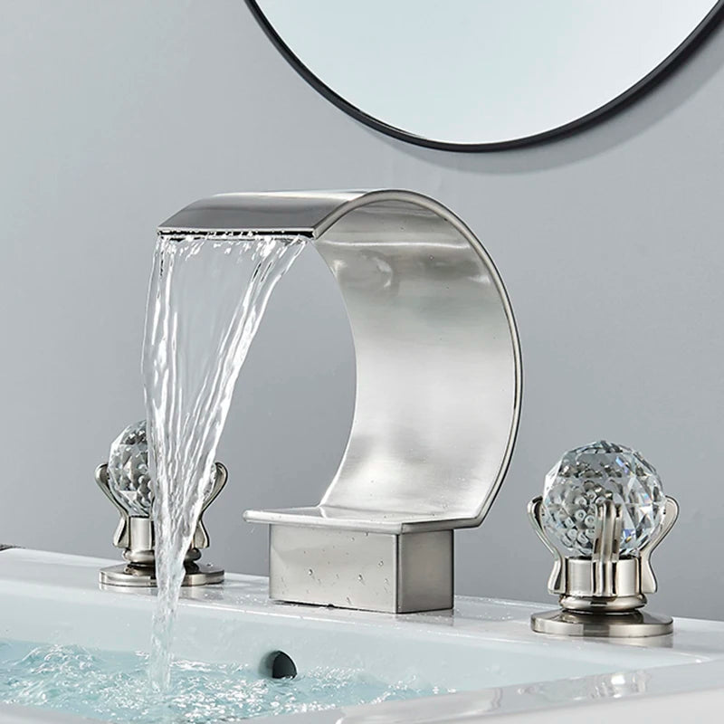 Senlesen Luxury Gold Waterfall Basin Faucet – Dual Crystal Handles, Brass Widespread Deck-Mounted Mixer