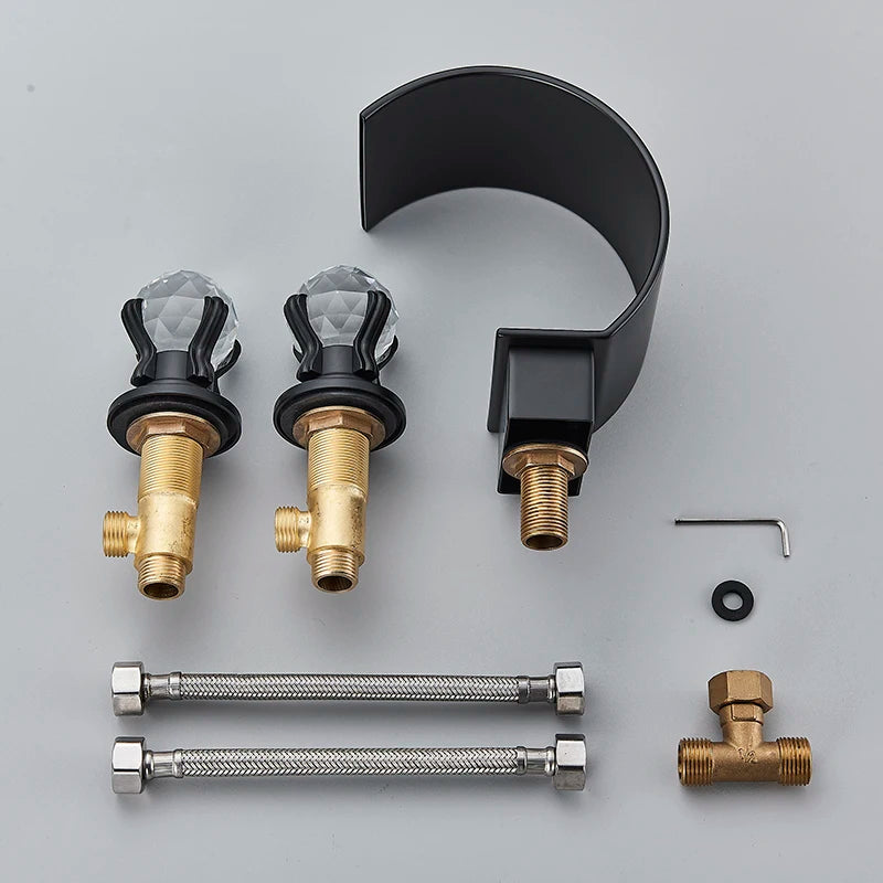 Senlesen Luxury Gold Waterfall Basin Faucet – Dual Crystal Handles, Brass Widespread Deck-Mounted Mixer