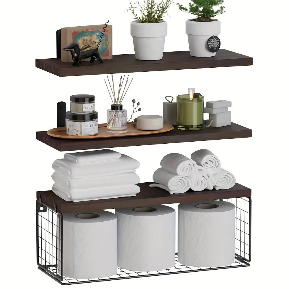 Wall-Mounted Wooden Floating Shelves – Set of 3 Rustic Bathroom Storage Racks with Metal Frame