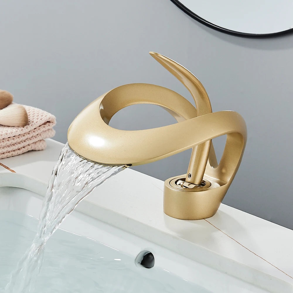 Gold Bathroom Basin Faucet Brass Waterfall Single Handle Crane Hot Cold Water Mixer Tap New Style