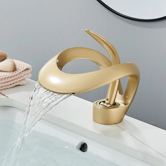 Gold Bathroom Basin Faucet | Brass Waterfall Single Handle Mixer