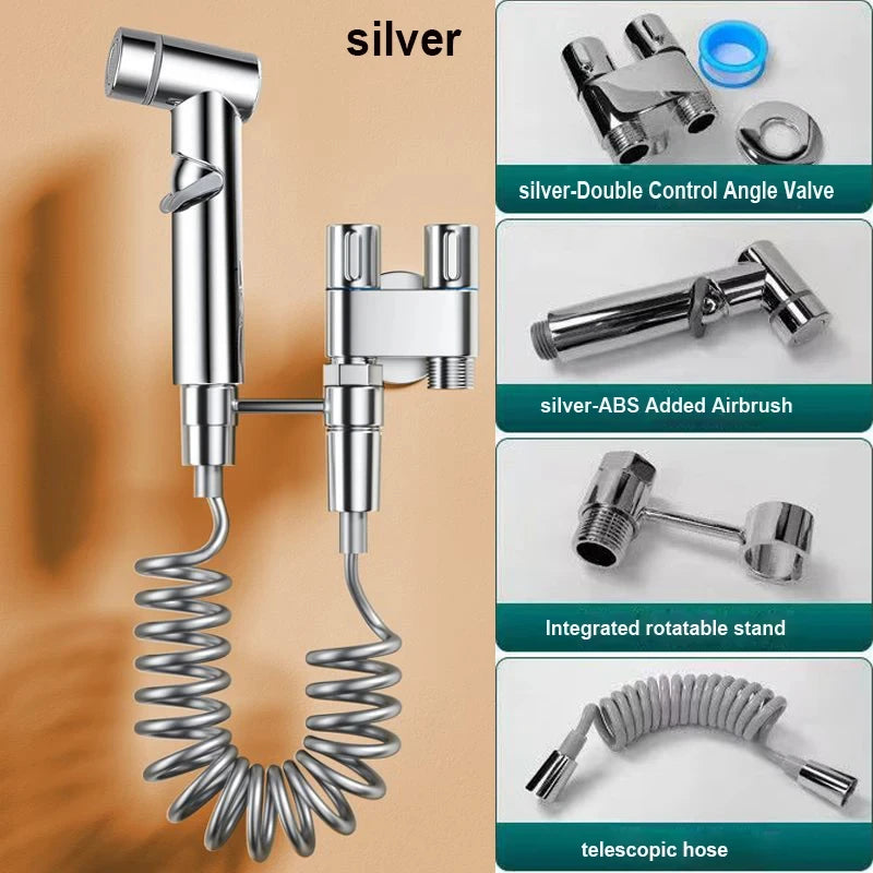 Zinc Alloy Angle Valve & Bidet Sprayer Set – Wall-Mounted Dual Outlet Bathroom Cleaning Kit