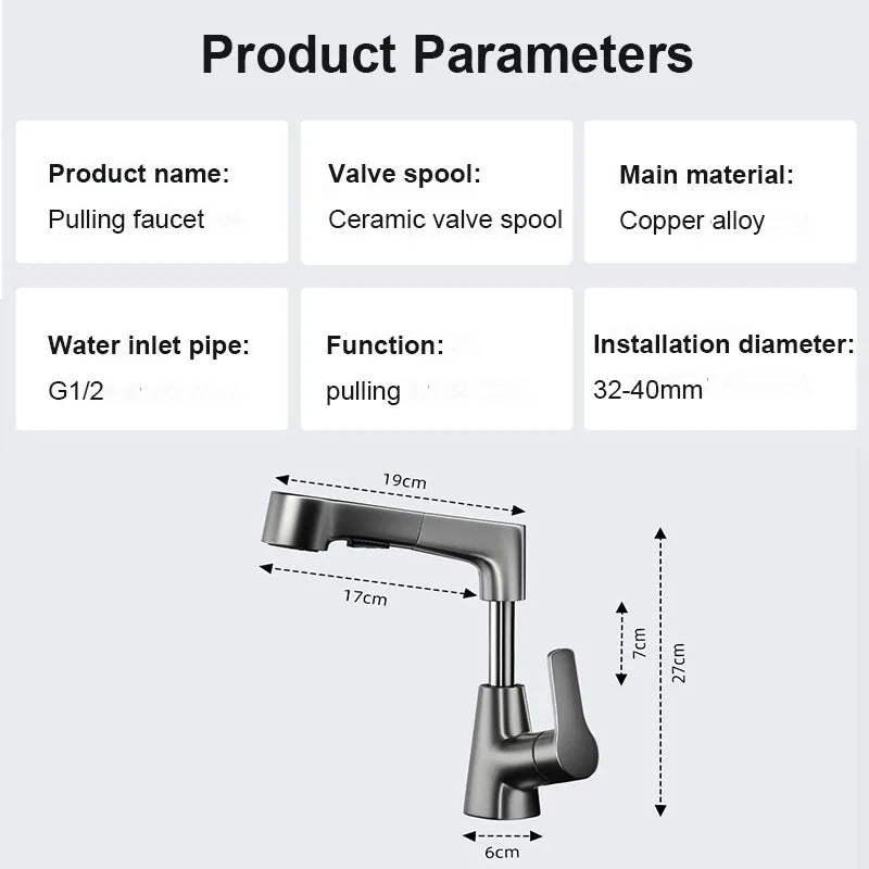 Dual-Function Pull-Down Bathroom Faucet – Adjustable Height, 360° Rotation, Anti-Leak Brass Core (Black / Silver / White)