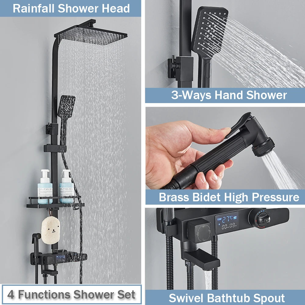 Black Digital Display Thermostatic Shower Faucet – 4-Way Rainfall Mixer Tap with Shelf & Bidet Faucets