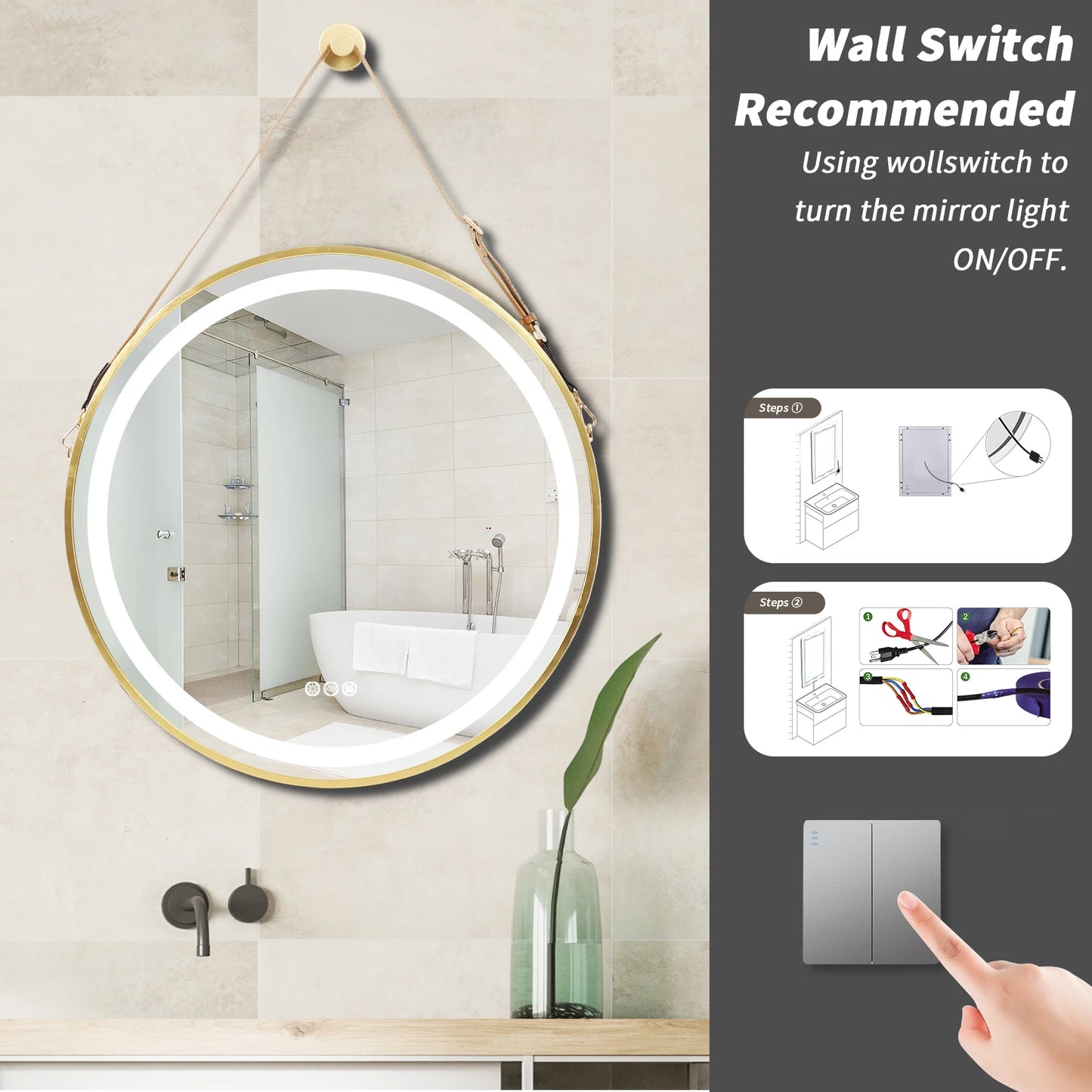 Wisfor Round LED Bathroom Mirror – Dimmable Anti-Fog Vanity Mirror with Touch Control & Hanging Rope