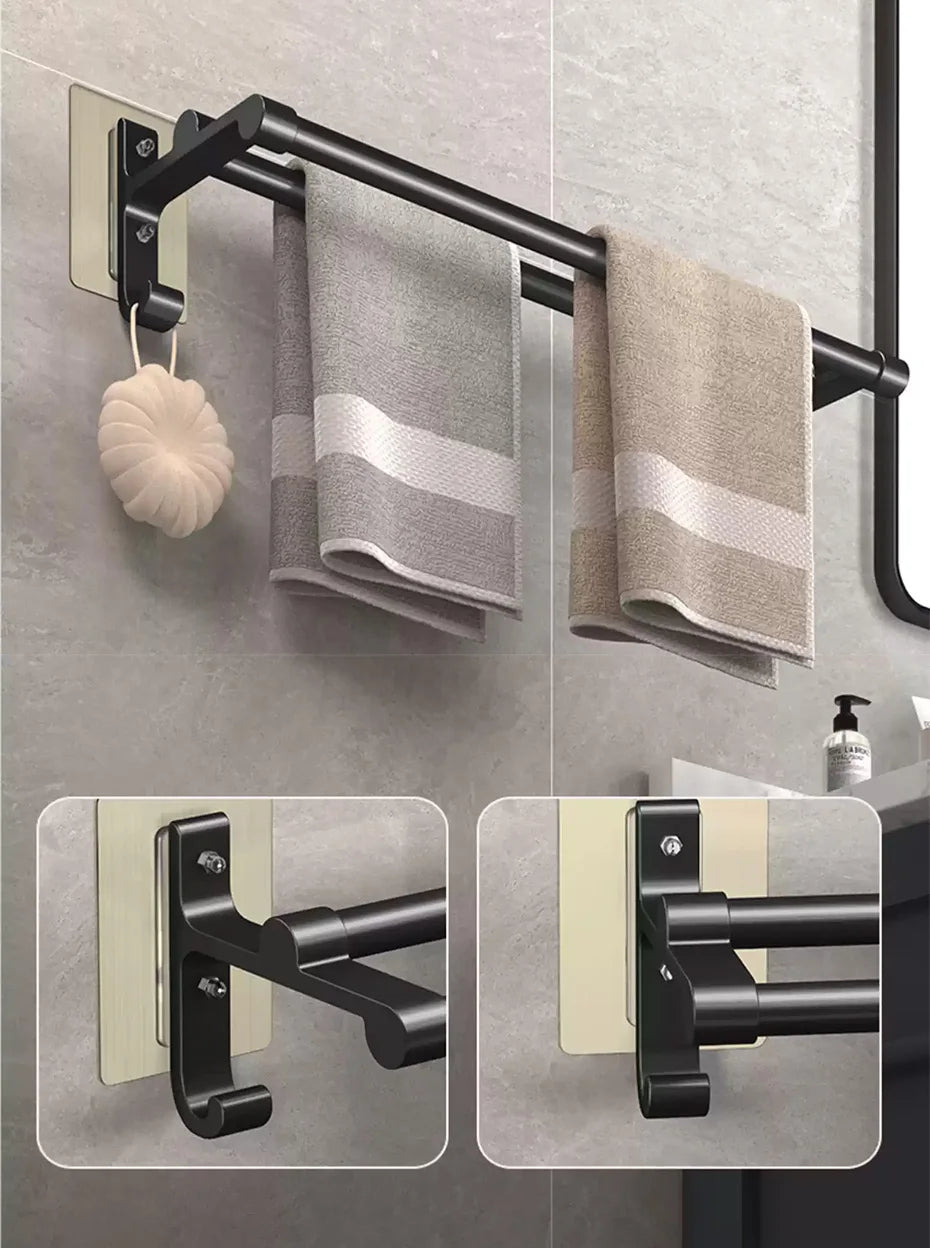Double-Layer No-Drill Towel Rack – Self-Adhesive Aluminum Holder with Two Bars & Hooks
