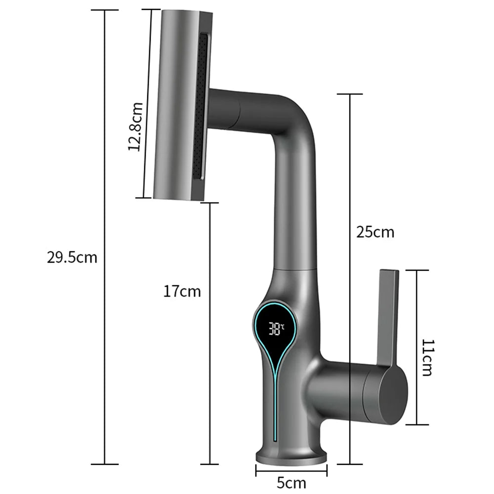 Waterfall Bathroom Faucet with Digital Temperature Display – Hot & Cold Lift-Up Basin Mixer Tap with Stream Sprayer