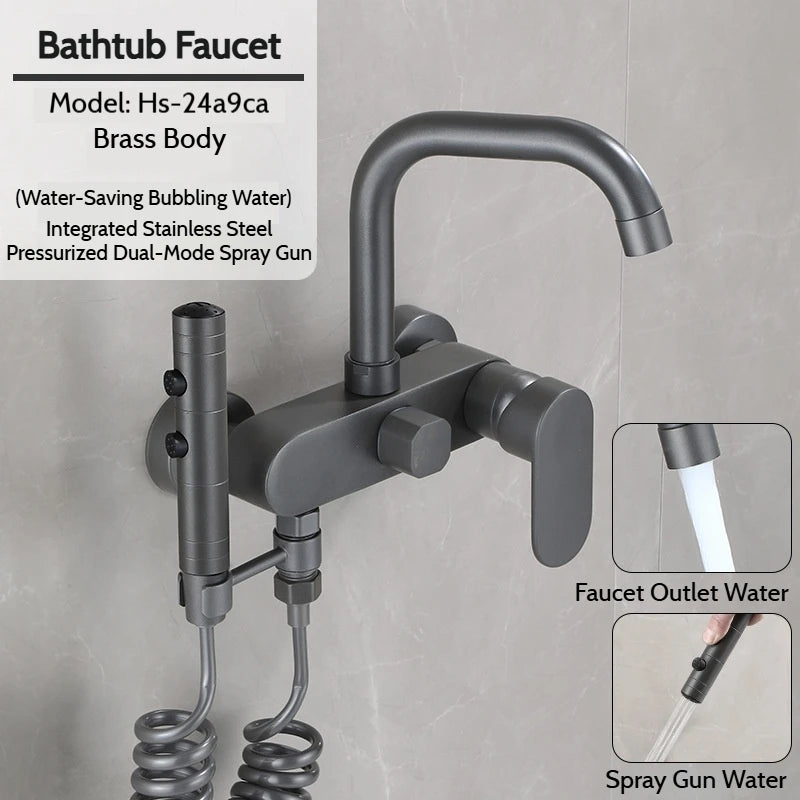 Wall-Mounted Brass Bathtub Faucet with Long Spout and Spray Gun – Hot & Cold Mixer Tap