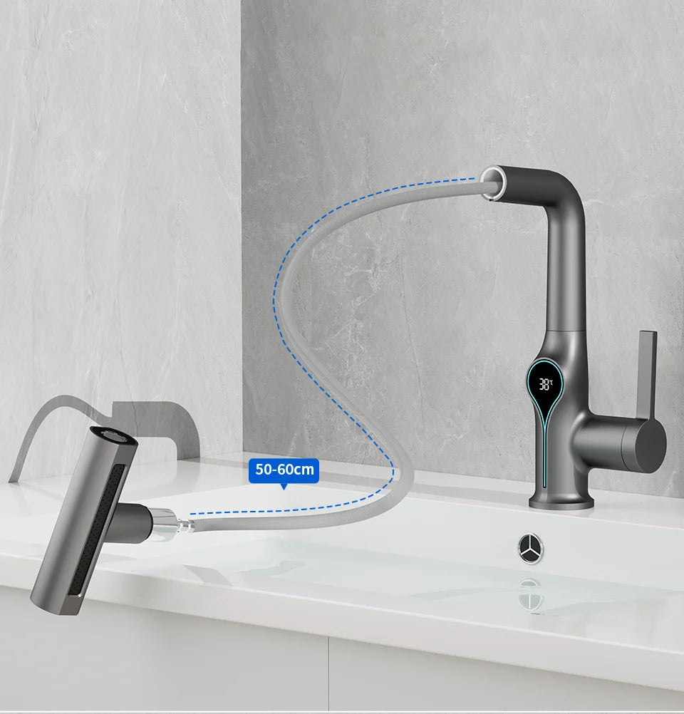 Waterfall Bathroom Faucet with Digital Temperature Display – Hot & Cold Lift-Up Basin Mixer Tap with Stream Sprayer